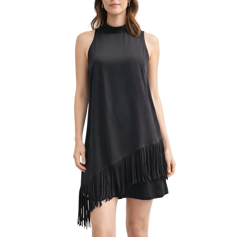 Naked Zebra Black Sleeveless Asymmetrical Fringe Layered Dress Size M